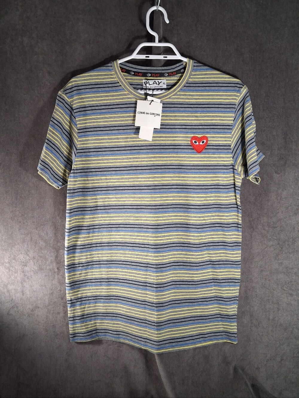 Comme des Garcons Play Grey Blue Yellow Stripes Cotton Heart Tee NWT JR XL M M